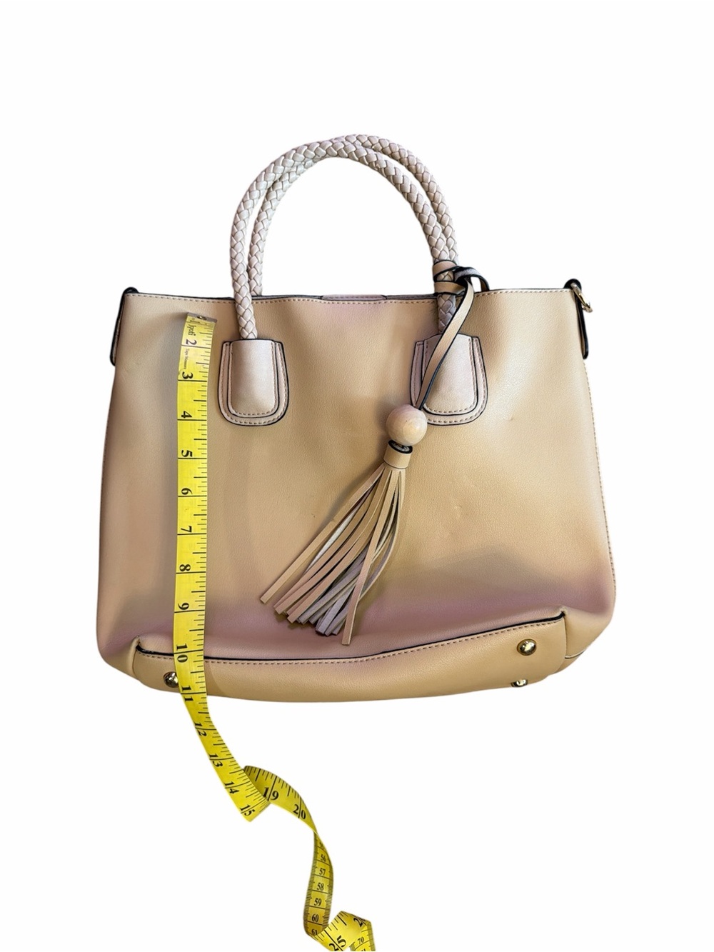 Structured Beige Tote Bag with Braided Handles and Tassel